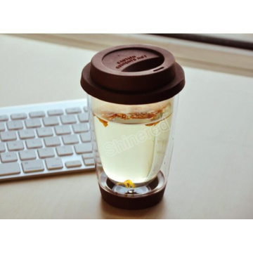 Hand Made Double Wall Portable Coffee Tea Cup with Silicon Rubber and Lid